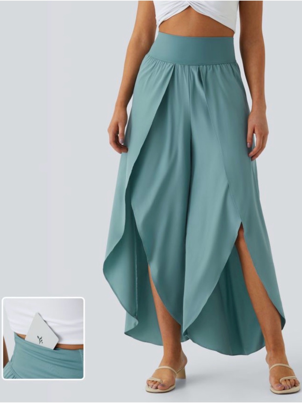Breezeful™ High Waisted Back Palazzo Flowy Wide Leg Pant Stone Blue M Quick Dry